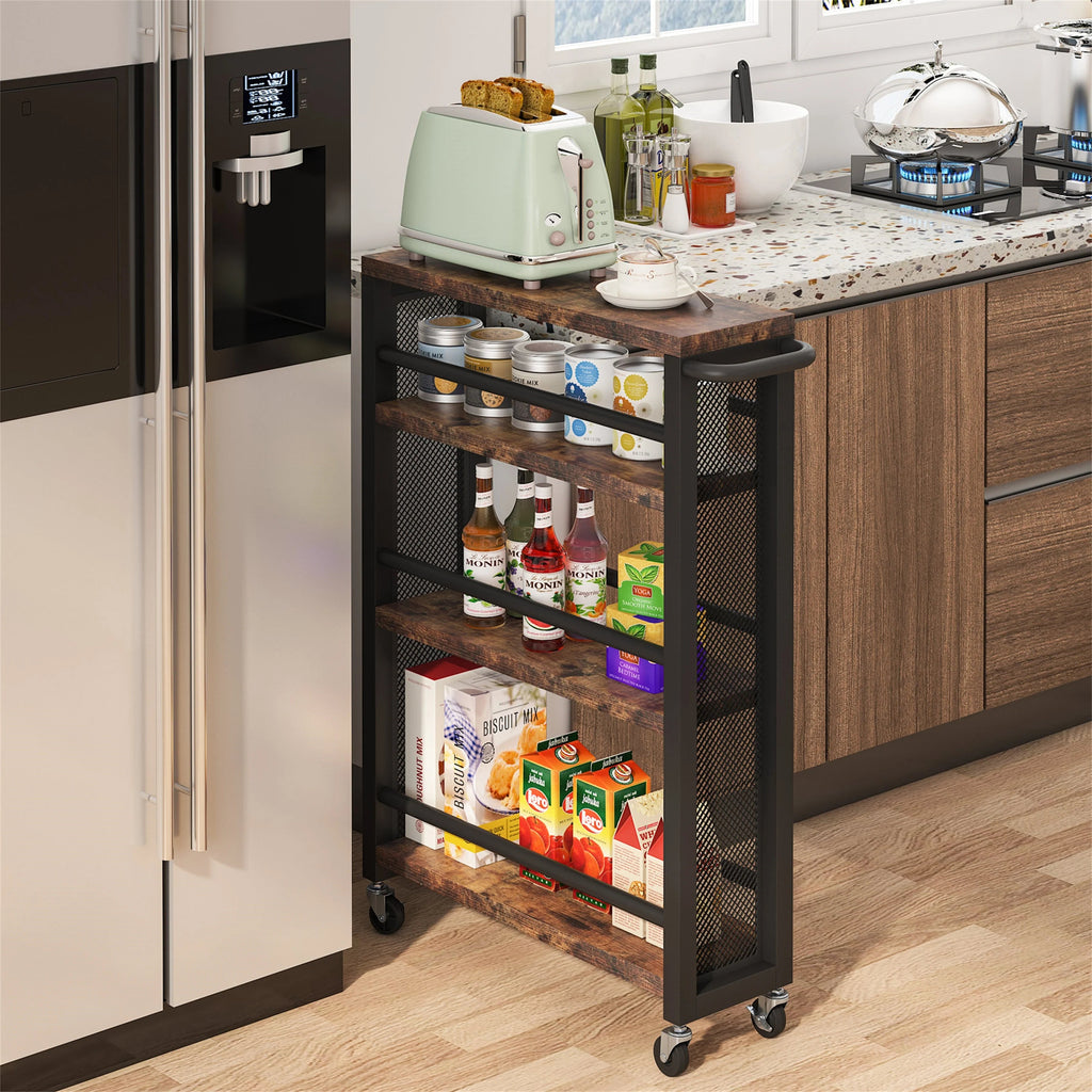 4-Tier Rolling Kitchen Storage Cart, Brown/Black, 19.69in W x 6.3in D x 33.46in H