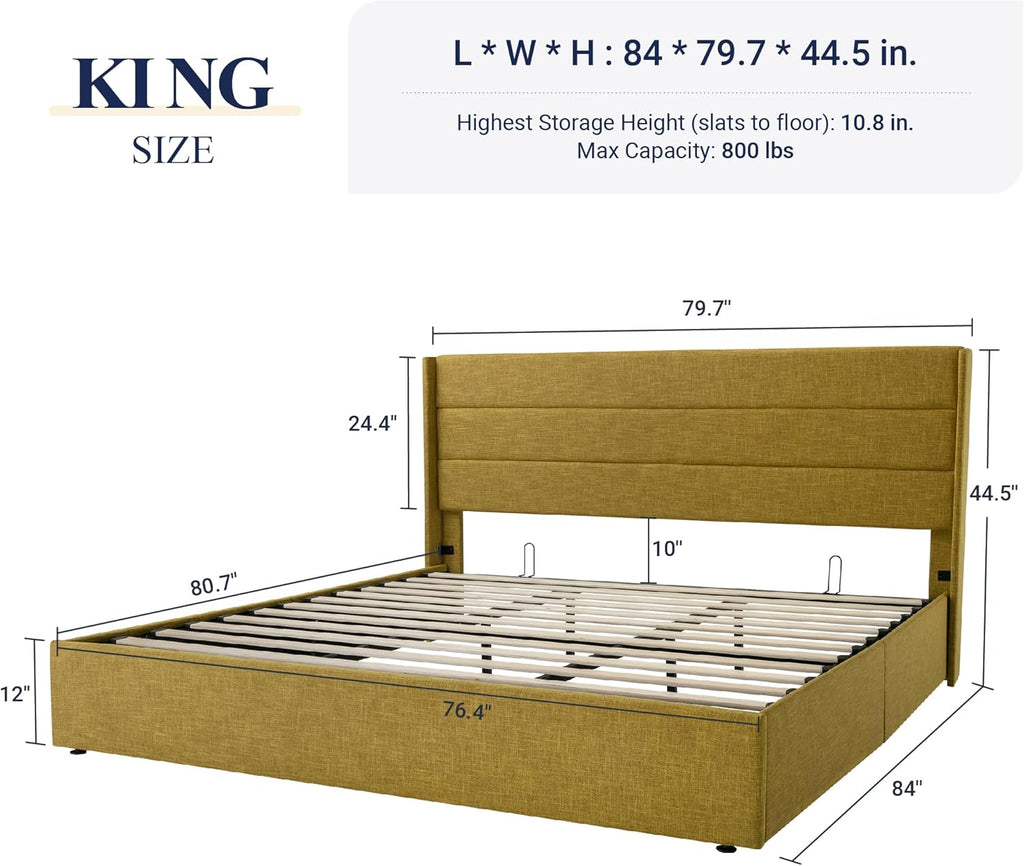 Queen Size Lift-Up Storage Bed With Wingback Headboard, Upholstered Platform Bed Frame With Hidden Storage