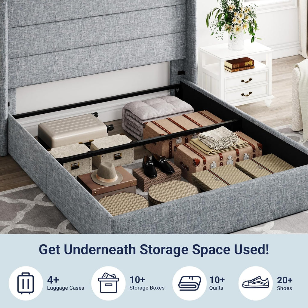 Queen Size Lift-Up Storage Bed With Wingback Headboard, Upholstered Platform Bed Frame With Hidden Storage