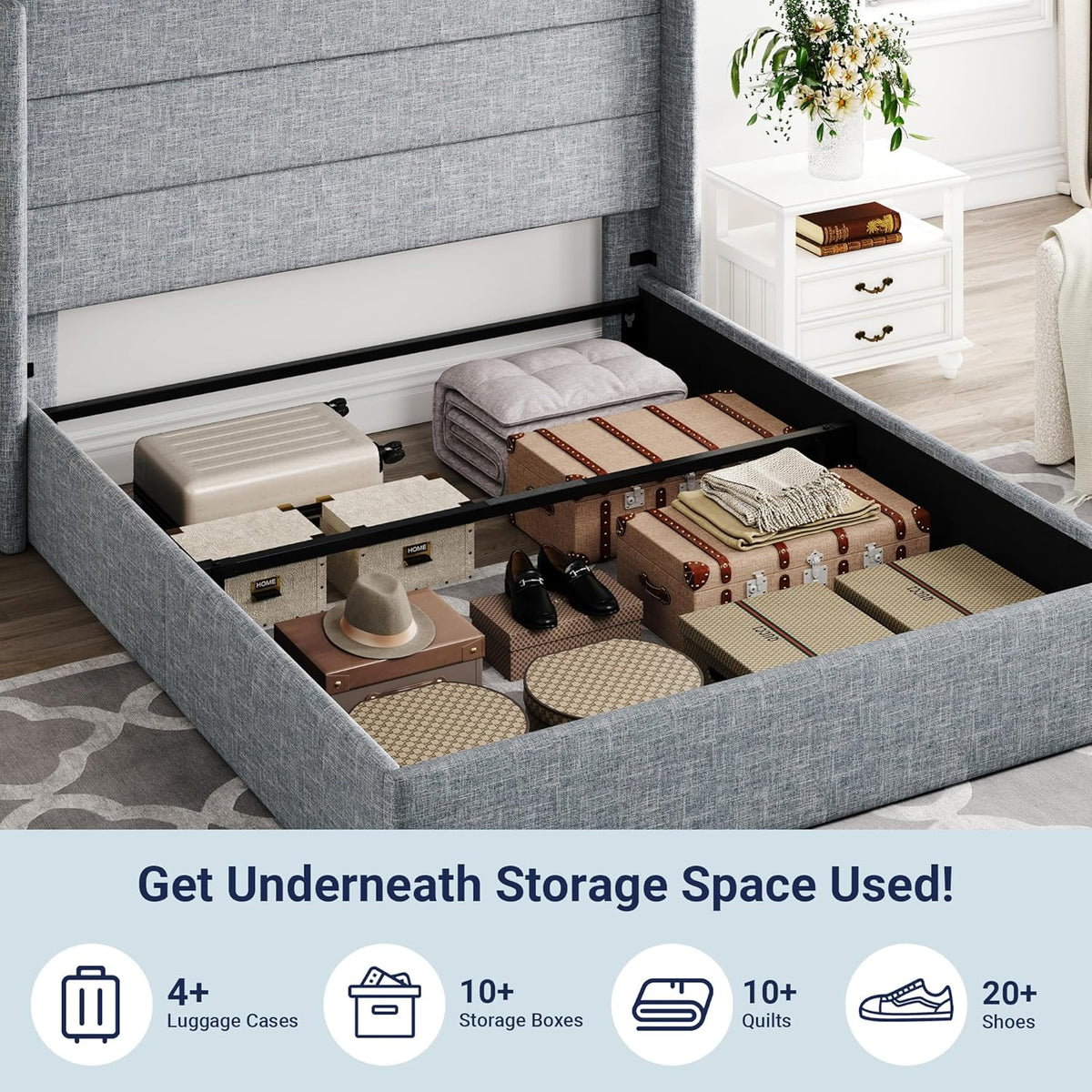 Queen Size Lift-Up Storage Bed With Wingback Headboard, Upholstered Platform Bed Frame With Hidden Storage