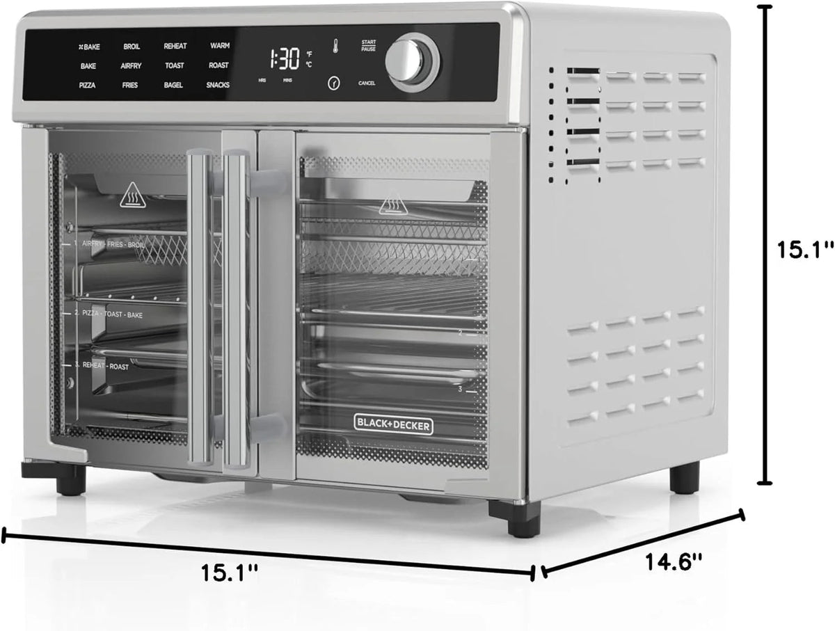 BLACK+DECKER Crisp 'N Bake 12 in 1 Air Fryer Toaster Oven, 12 in Pizza, 6 Slices - French Doors