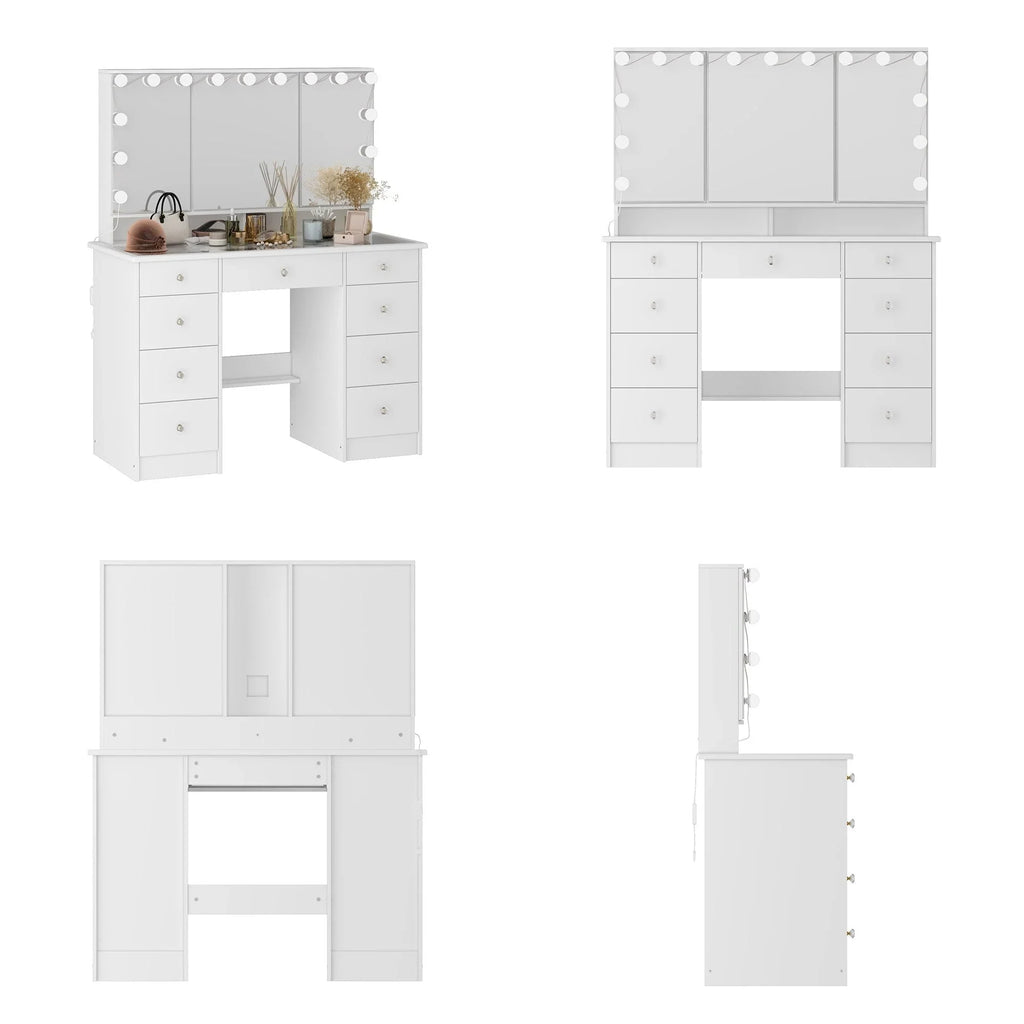 Makeup Vanity Dresser With Tri-Fold Mirror, Glass Top And 15 Bulbs - 40.2 x 53.6 x 19.7
