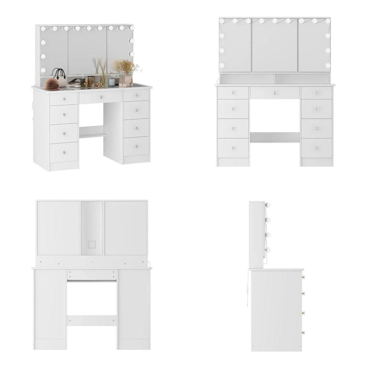 Makeup Vanity Dresser With Tri-Fold Mirror, Glass Top And 15 Bulbs - 40.2 x 53.6 x 19.7