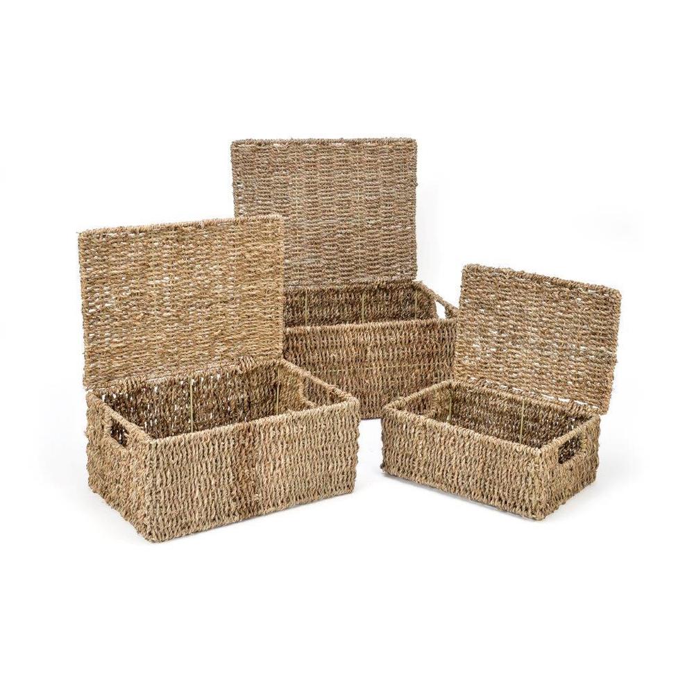 Set Of 3 Small Rectangular Seagrass Storage Baskets With Lids - Natural Beige