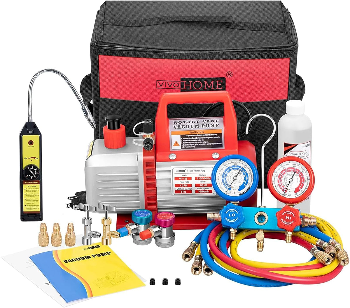 Single-Stage Rotary Vane Air Vacuum Pump With R134a AC Manifold Gauge Kit - 110V, 1/3 HP, 4 CFM