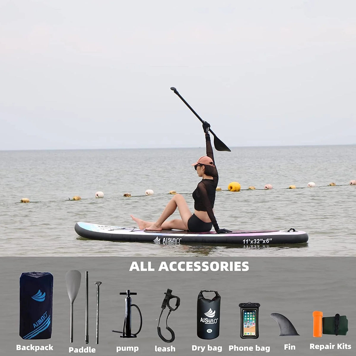 AISUNSS Inflatable Stand Up Paddle Board 11ft Fishing SUP With Accessories