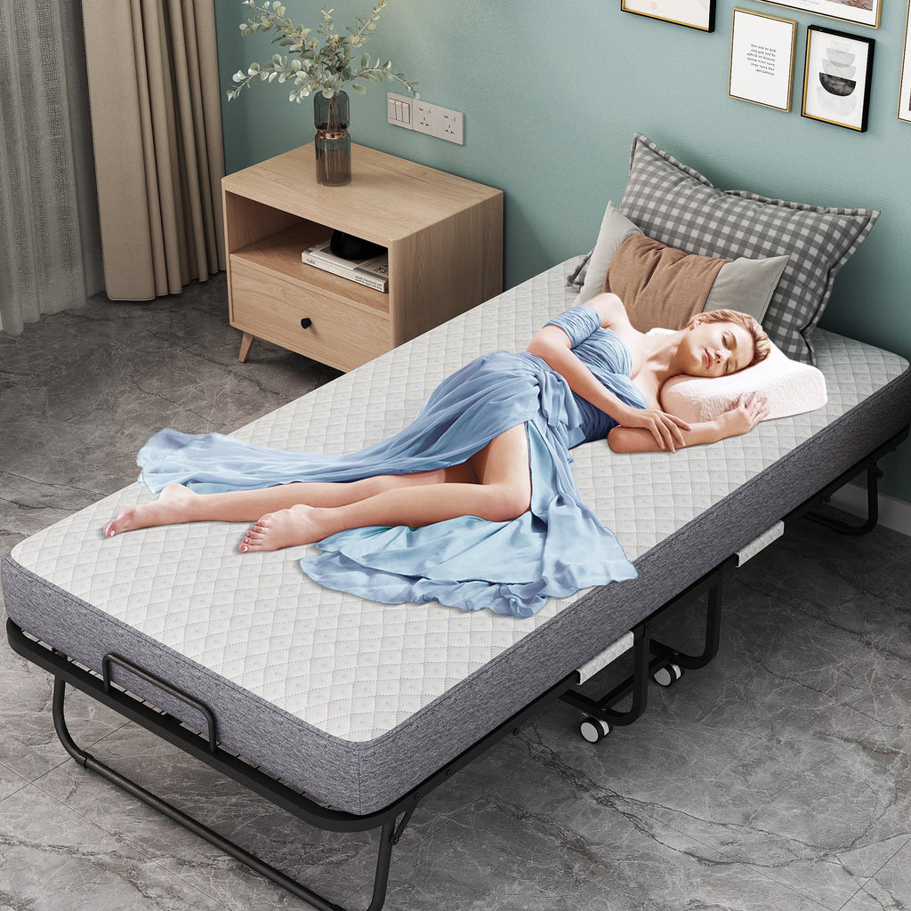 Folding Rollaway Guest Bed With 75in x 31in Cot Mattress And 5in Memory Foam