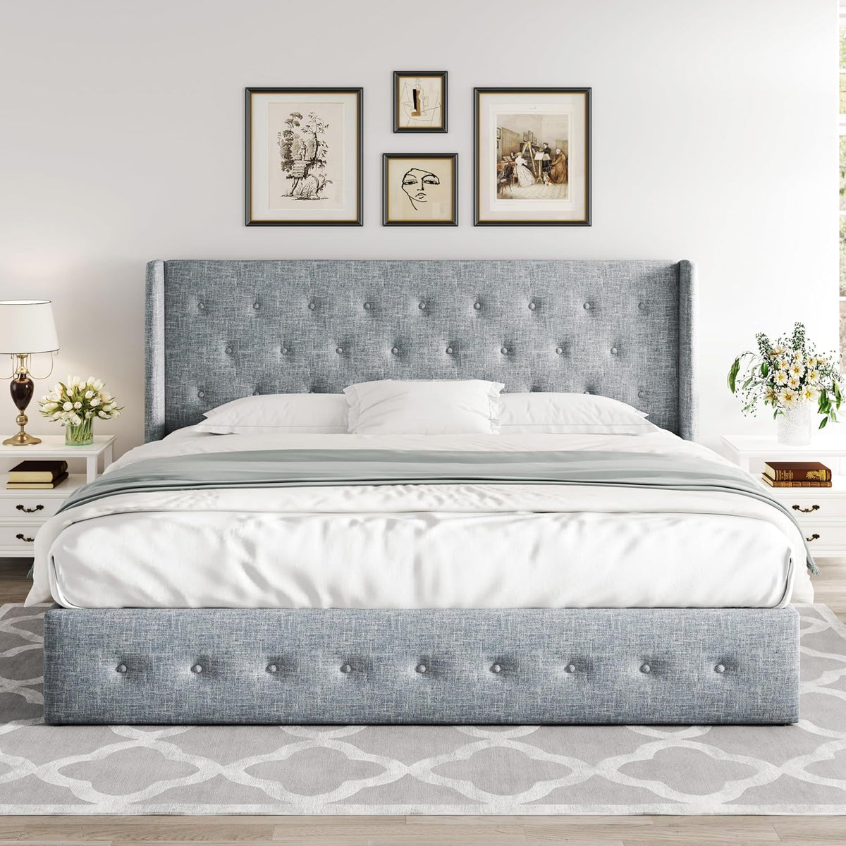 Queen Size Lift-Up Storage Bed With Wingback Headboard, Upholstered Platform Bed Frame With Hidden Storage