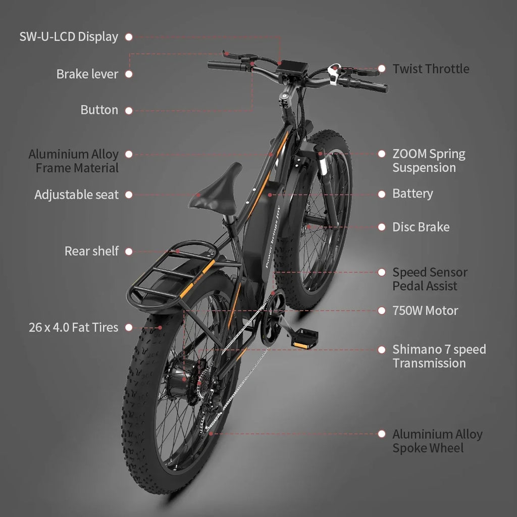 26 in 48V 13Ah 750W Fat Tire Electric Mountain Bike, Black - S48