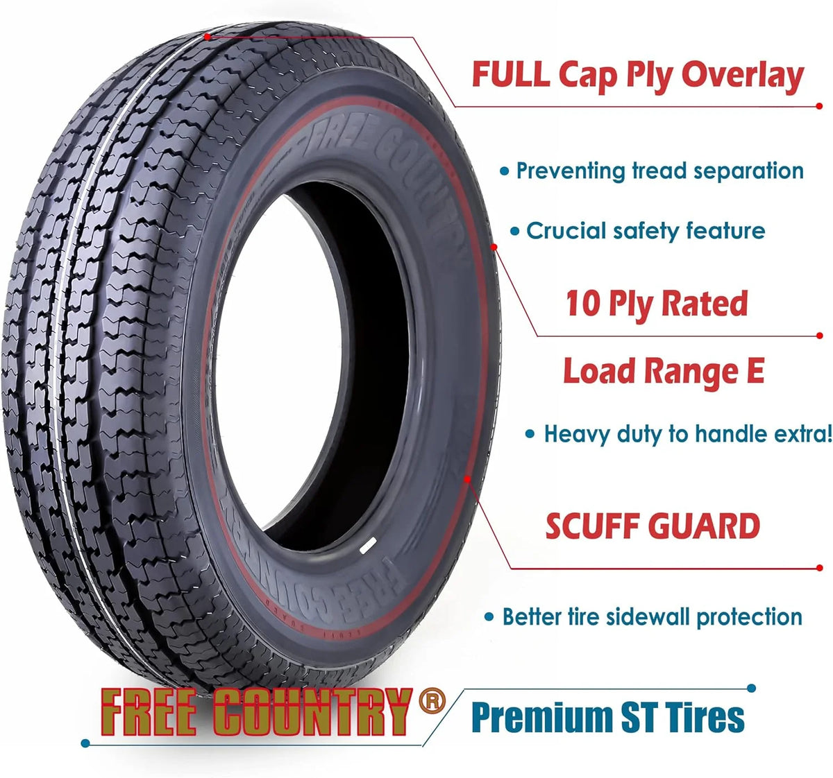 FREE COUNTRY Trailer Tires ST205/75R15, Set Of 4, 10-Ply Load Range E, Steel Belted Radial