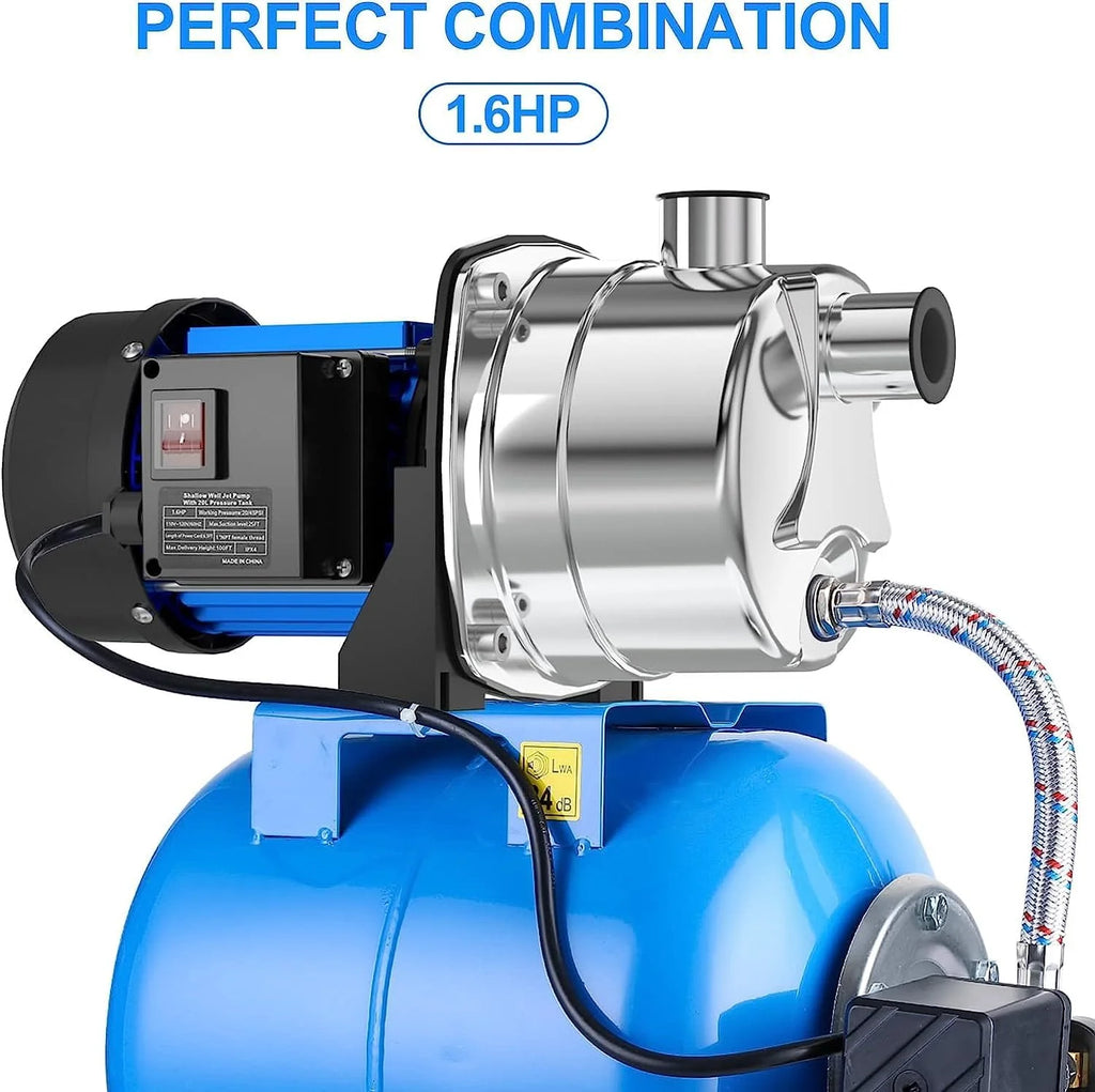 PANRANO 1.6 HP Shallow Well Jet Pump With Pressure Tank, 1268 GPH, Stainless Steel
