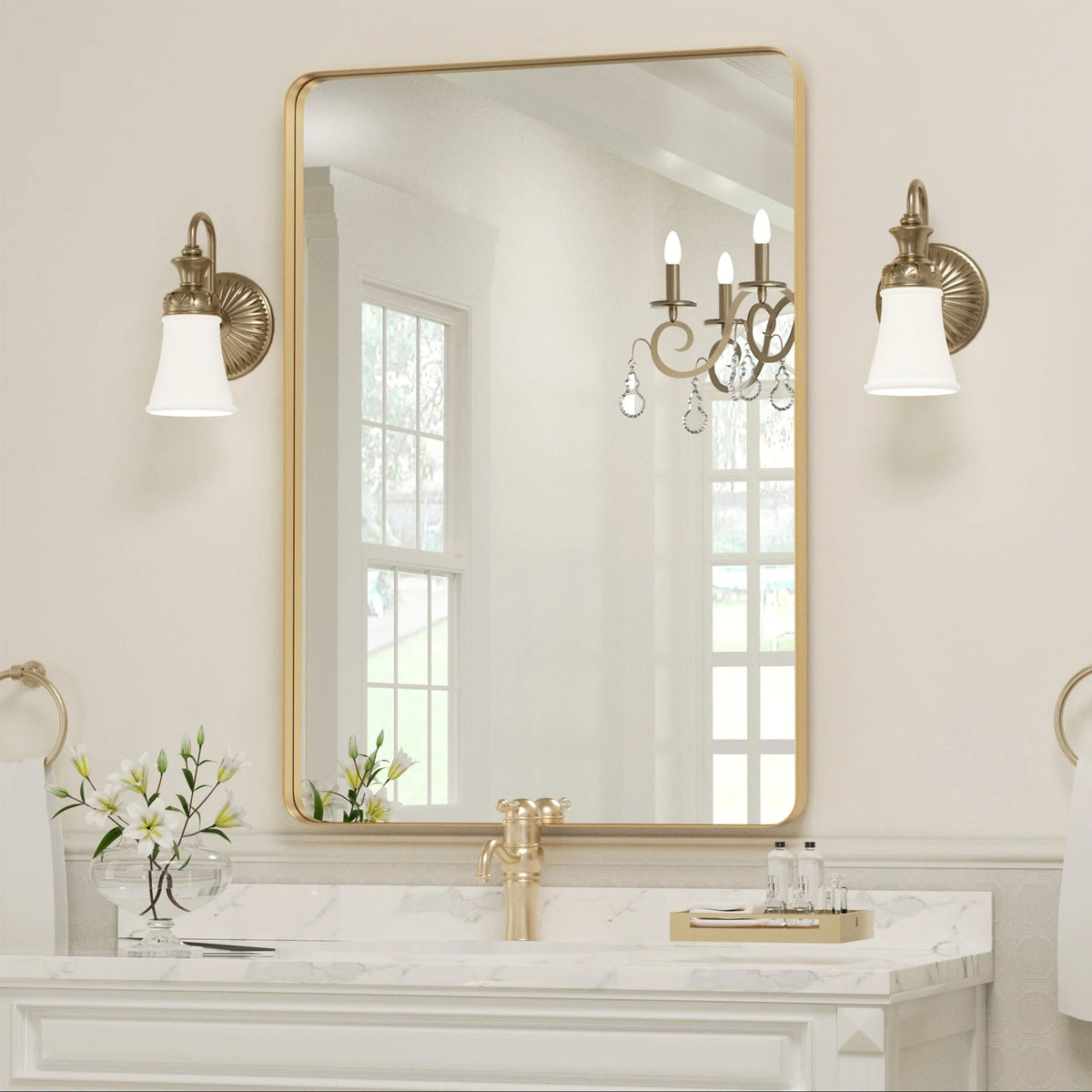 Framed Wall Vanity Mirror With Rounded Corners, 1 Piece