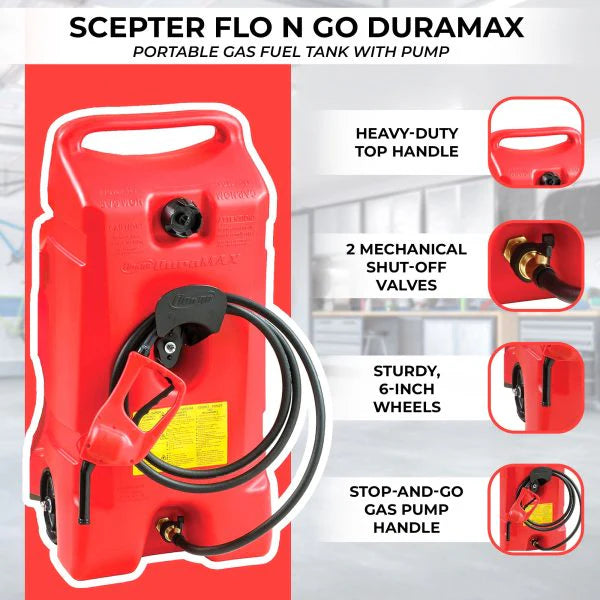 Scepter Flo N' Go DuraMax Portable Gas Fuel Tank With Pump, 14 Gallon, 2 Pack, Red