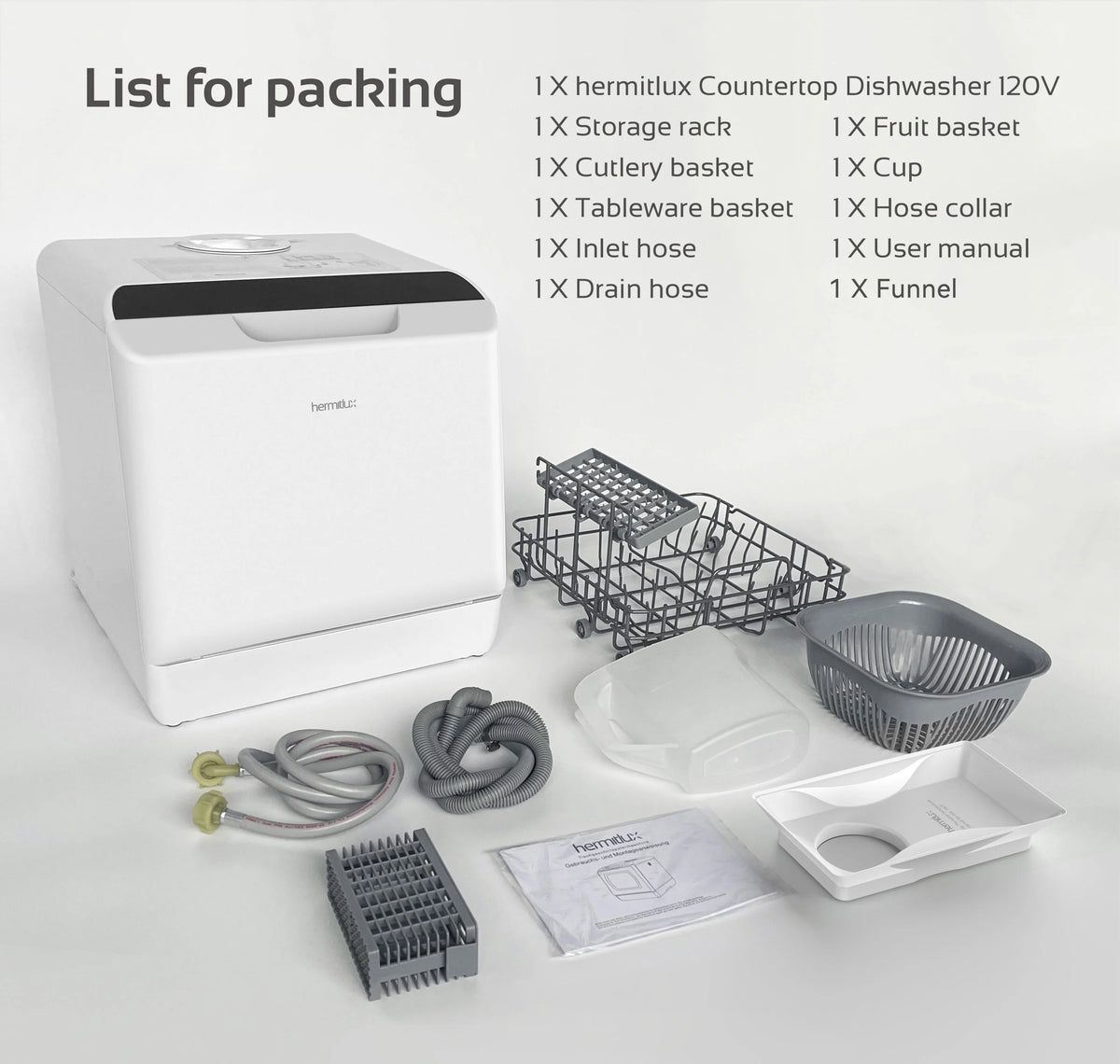 Hermitlux Portable Countertop Dishwasher, 5L Built-In Water Tank, 4 Place Settings - HMX-DW03