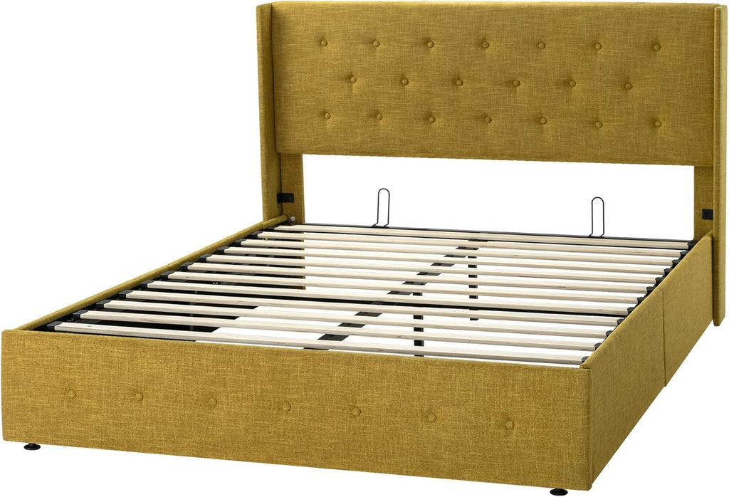 Queen Size Lift-Up Storage Bed With Wingback Headboard, Upholstered Platform Bed Frame With Hidden Storage