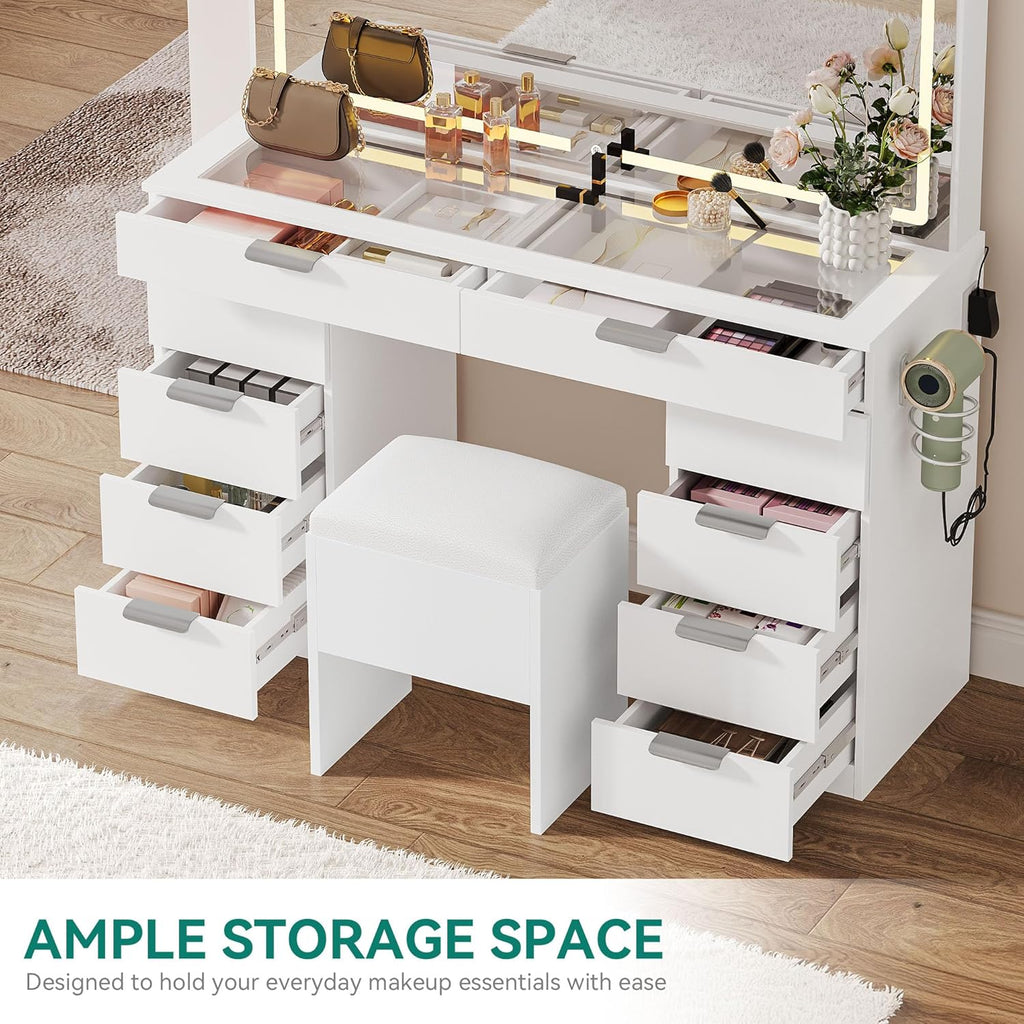 YITAHOME Vanity Set With LED Mirror, 10 Drawers, Stool, Pure White, 15.7 x 46 x 55.9 in