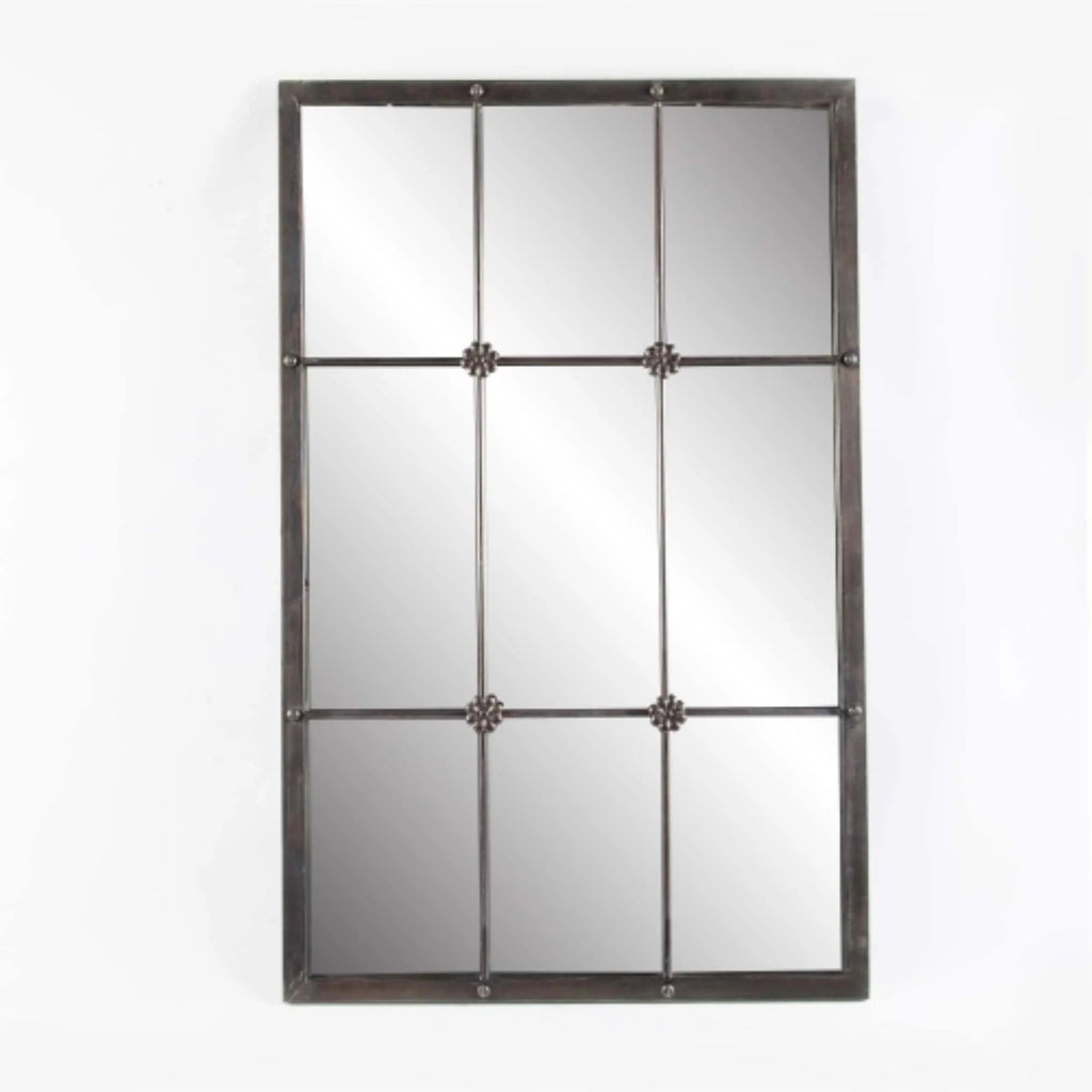 Rustic Brown Windowpane Wall Mirror With Metal Frame, 37.75 in H x 23.8 in W