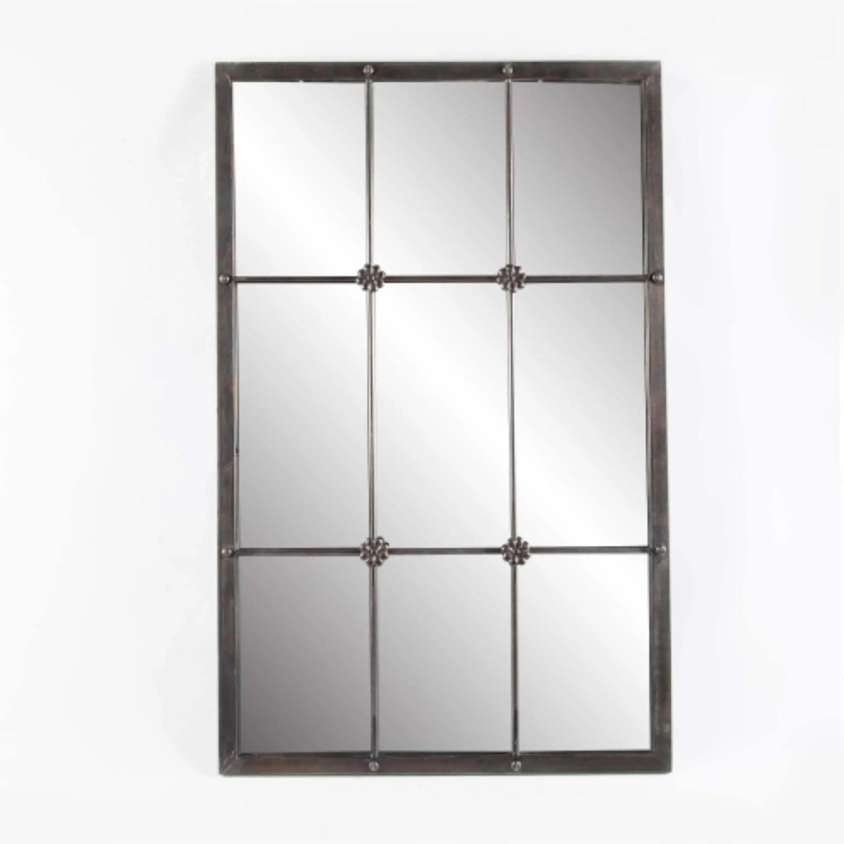 Rustic Brown Windowpane Wall Mirror With Metal Frame, 37.75 in H x 23.8 in W
