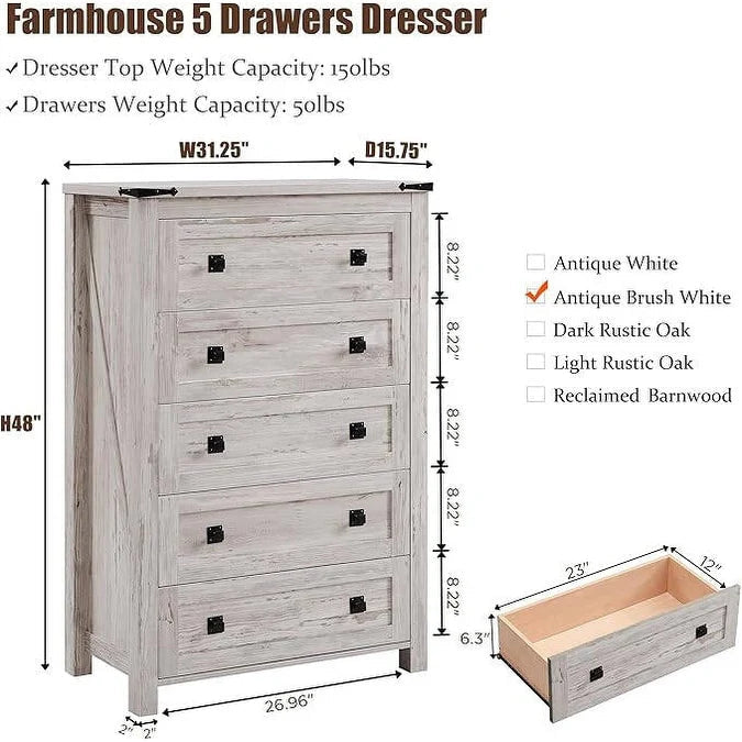 Farmhouse Engineered Wood 5-Drawer Dresser, 15.75in D x 31.25in W x 48in H