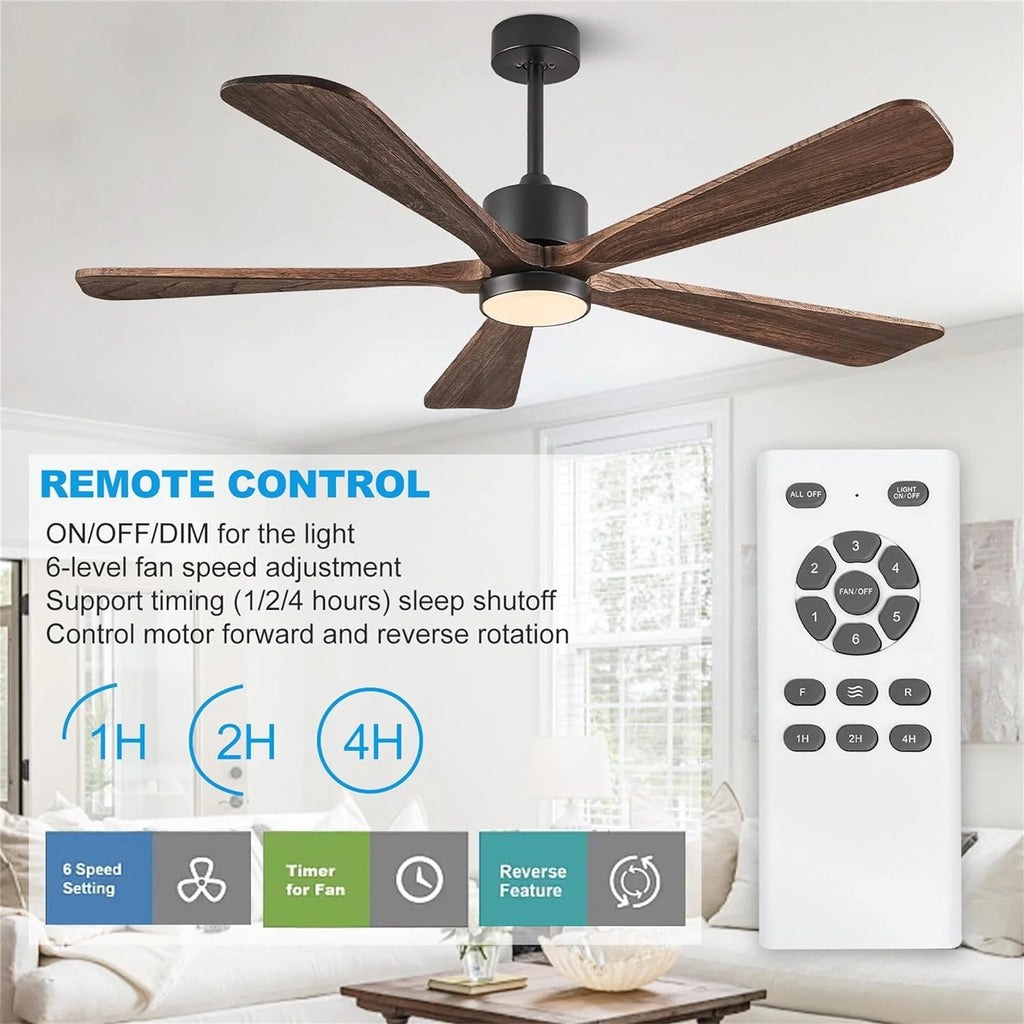 BOOSANT 60 inch Ceiling Fan With LED Light, 5 Solid Wood Blades, 6 Speeds, Deep Brown - 8727