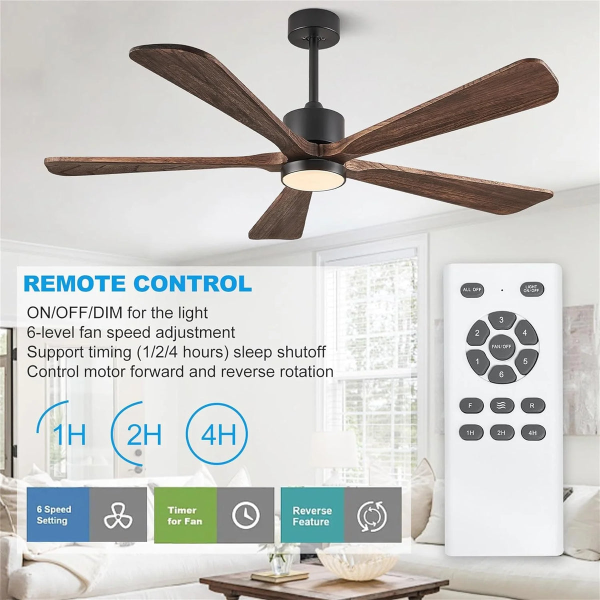 BOOSANT 60 inch Ceiling Fan With LED Light, 5 Solid Wood Blades, 6 Speeds, Deep Brown - 8727
