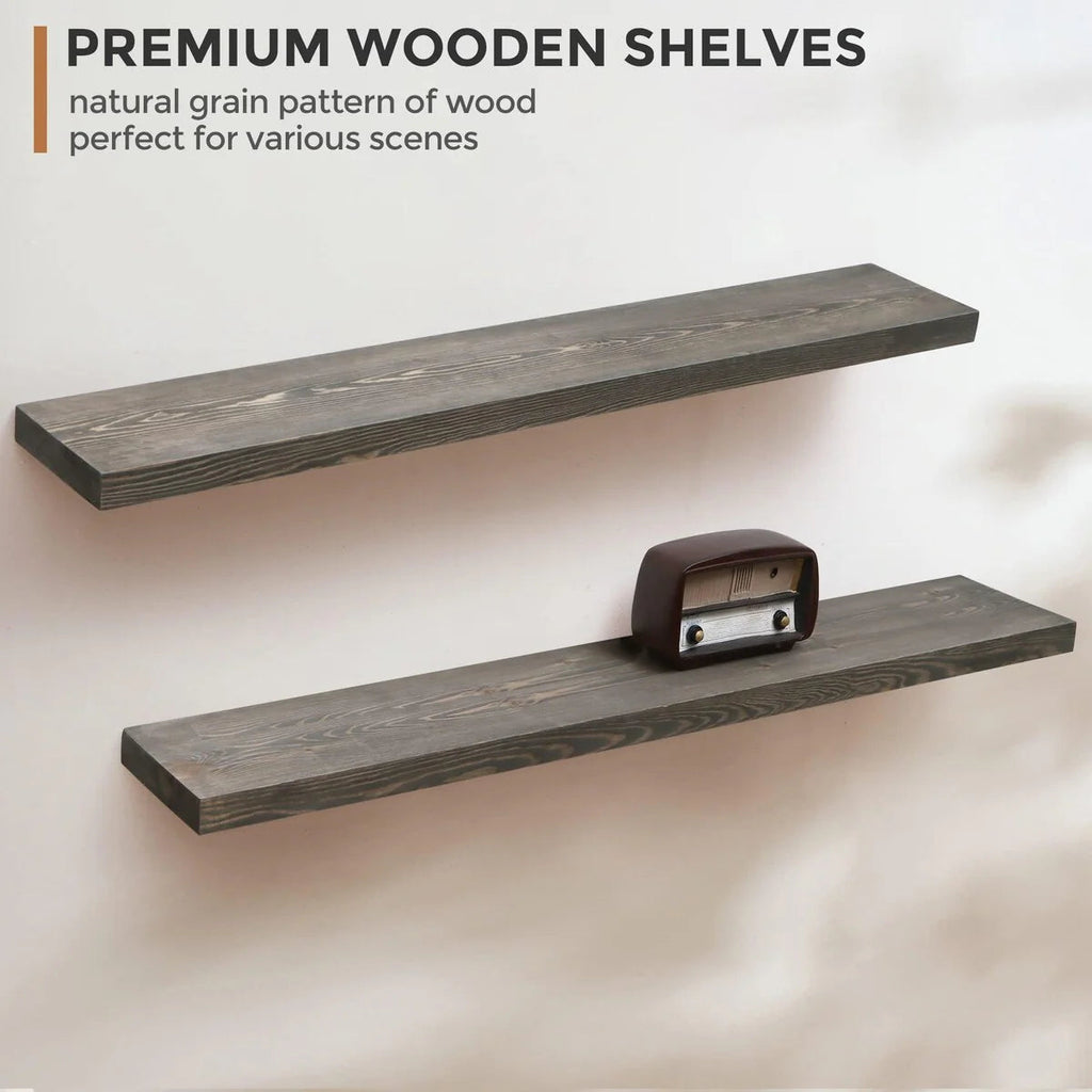 Set Of 2 Handcrafted European Pine Floating Wall Shelves, 16inch/24inch/36inch, Grey/Espresso/Walnut