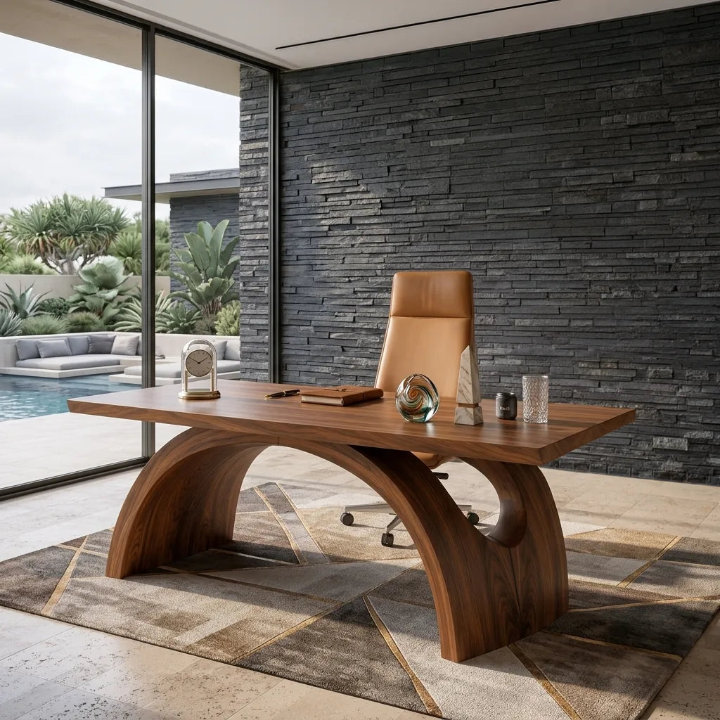 Contemporary Desk With Double Arch Sculptural Base For Home Office