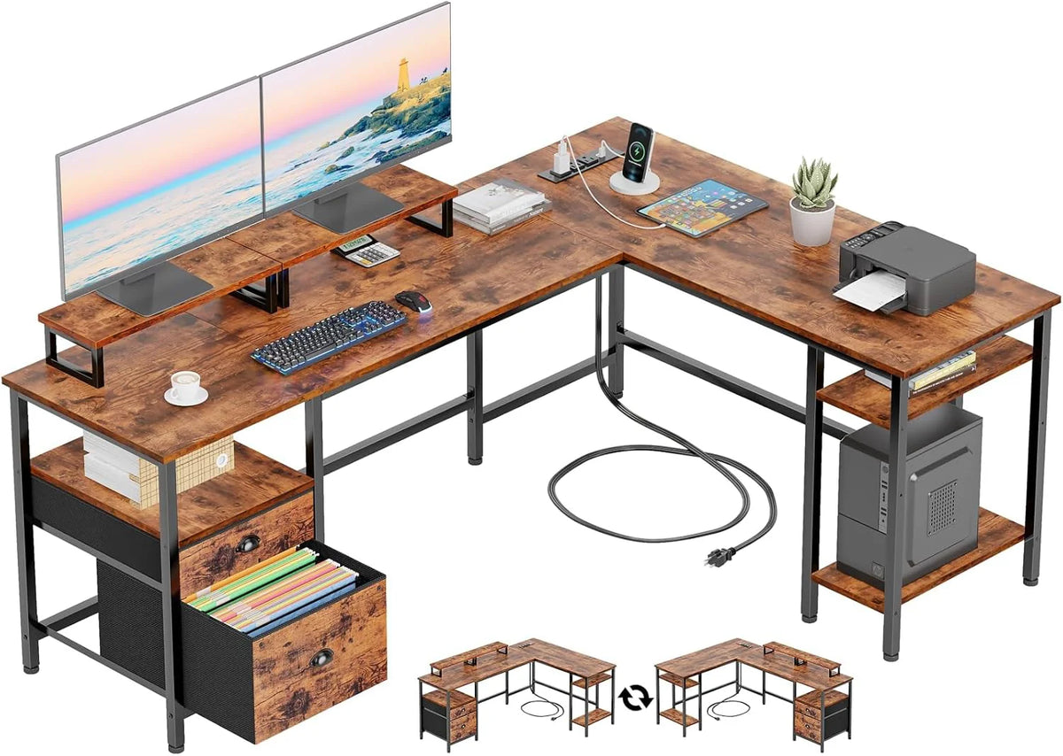 66 Inch Reversible L-Shaped Computer Gaming Desk With Power Outlet, File Drawer, 2 Monitor Stands, Rustic Brown
