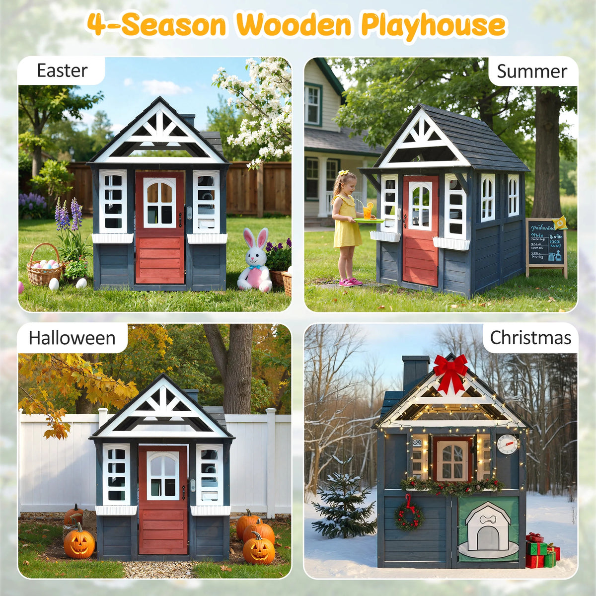 COCLUB Wooden Outdoor Playhouse With Doorbell, Phone And Kitchen Toys, 45in L x 43in W x 65in H