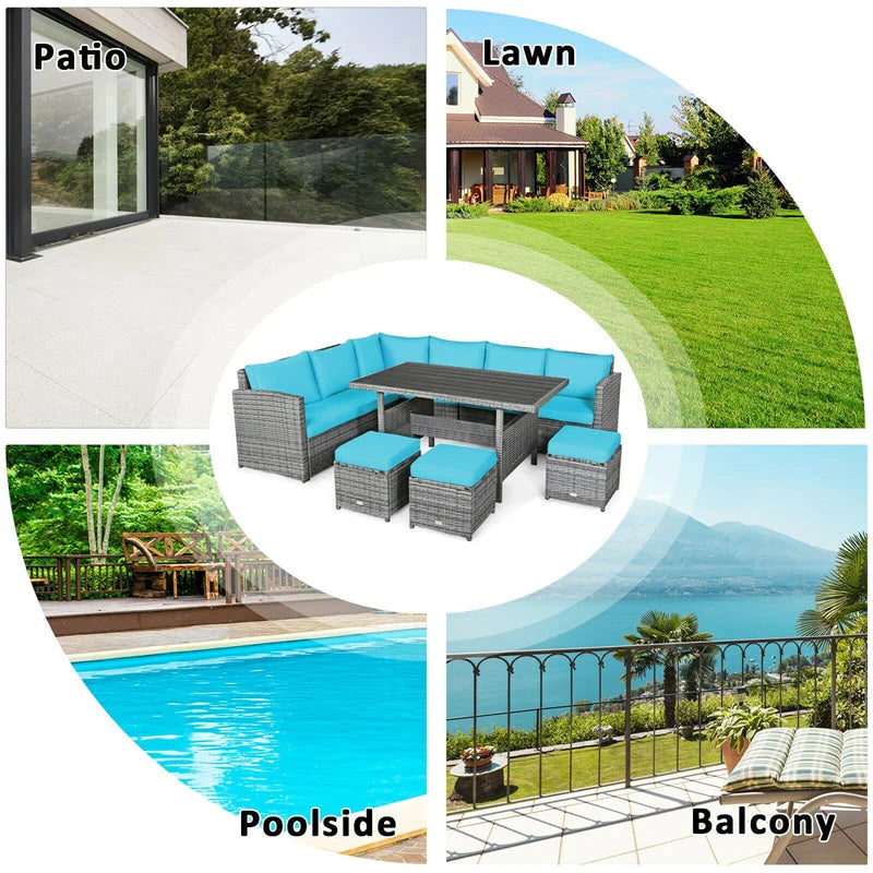 7-Piece Rattan Patio Dining Set With 3 Corner Chairs, 3 Ottomans And Table