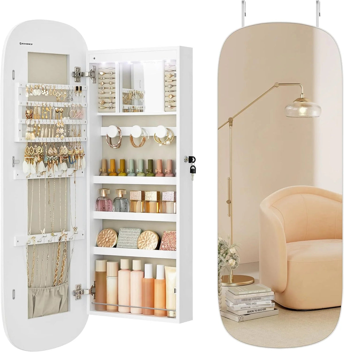 LED Wall-Mounted Jewelry Organizer Cabinet With Mirror - 3.9 in D x 16.5 in W x 42.5 in H