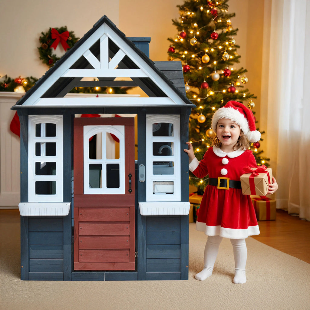COCLUB Wooden Outdoor Playhouse With Doorbell, Phone And Kitchen Toys, 45in L x 43in W x 65in H
