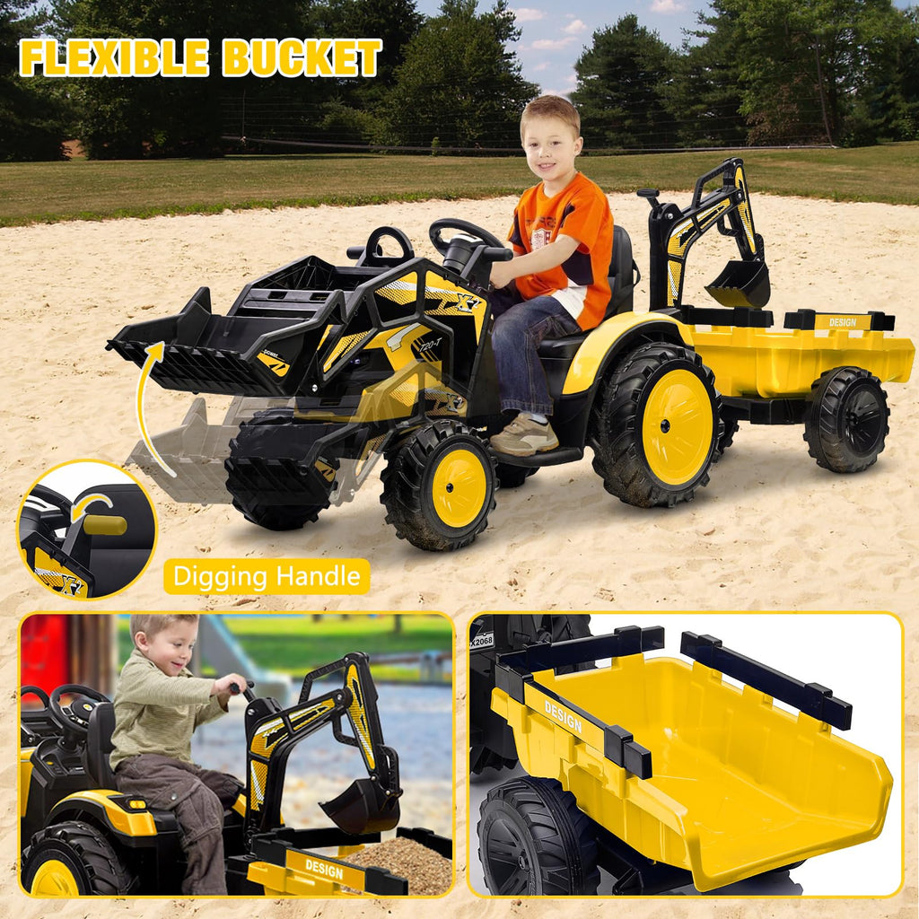 3-in-1 24V Electric Ride-On Tractor With Excavator And Bulldozer - Bright Yellow