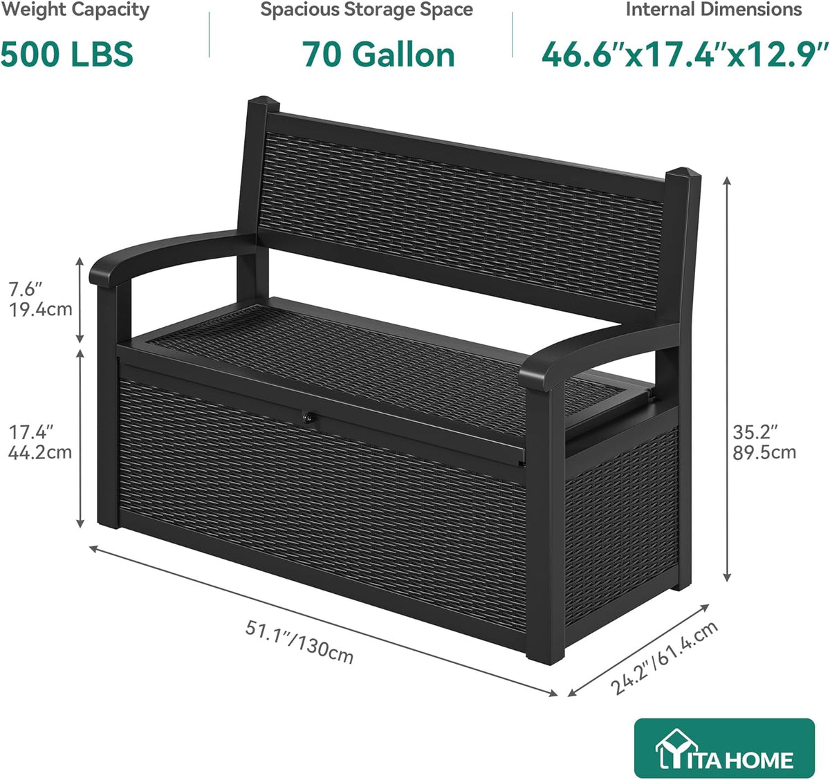 YITAHOME Outdoor Storage Bench With Armrests, 70-Gallon, Black