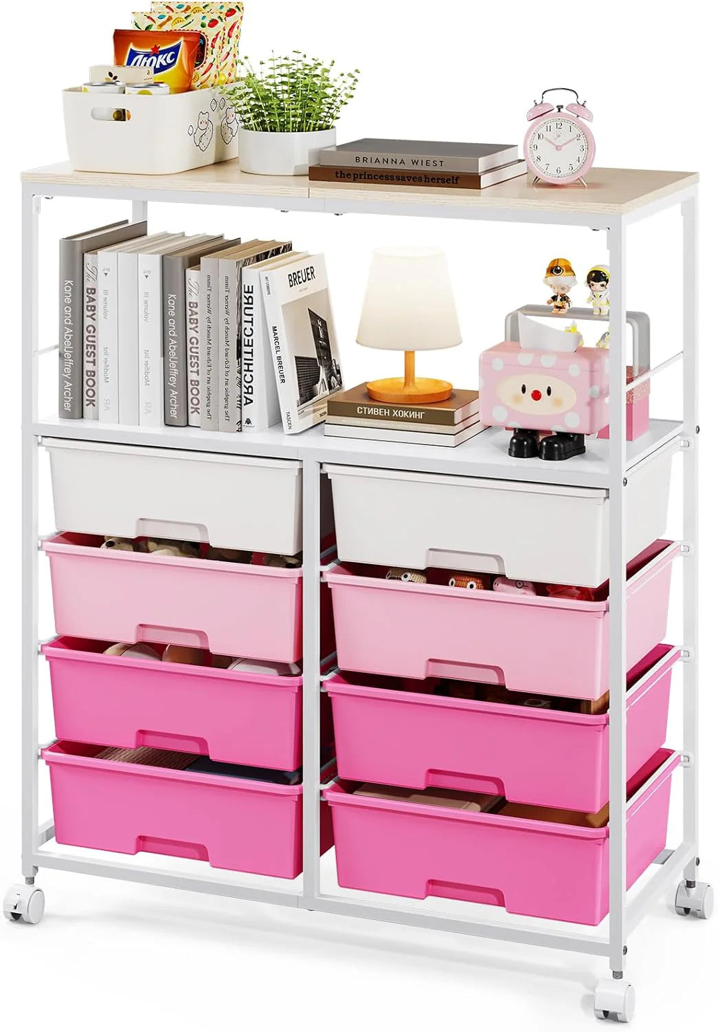 8-Drawer Rolling Storage Cart With Wooden Top And Lockable Wheels