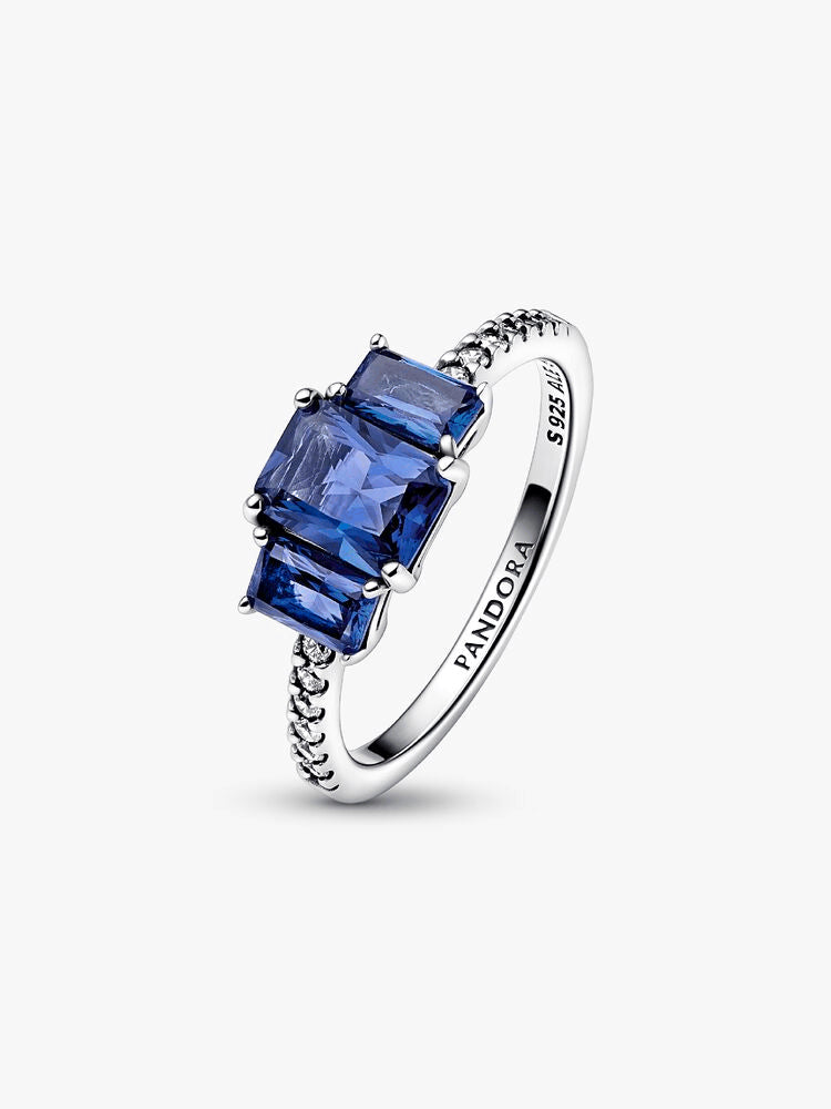 Blue Rectangular Three Stone Sparkling Ring