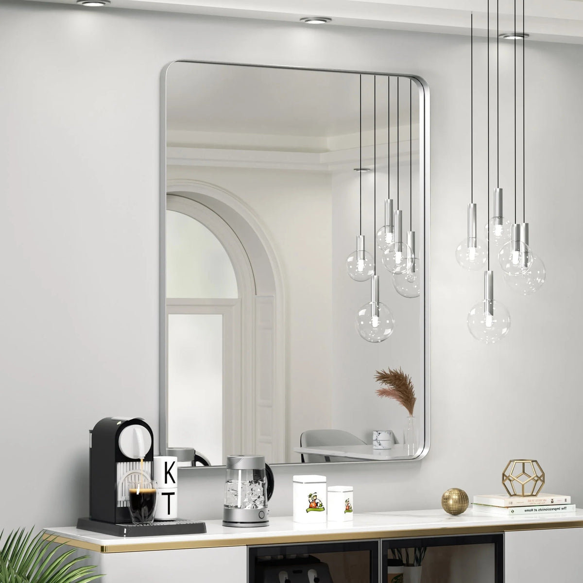 Framed Wall Vanity Mirror With Rounded Corners, 1 Piece