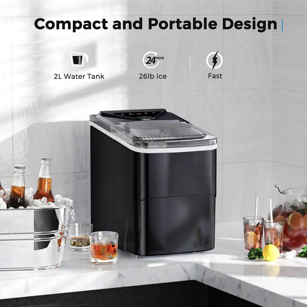 Countertop Portable Ice Maker, Self-Cleaning, 9 Pellet Ice Ready In 6 Mins, 26lbs 24Hrs - Black