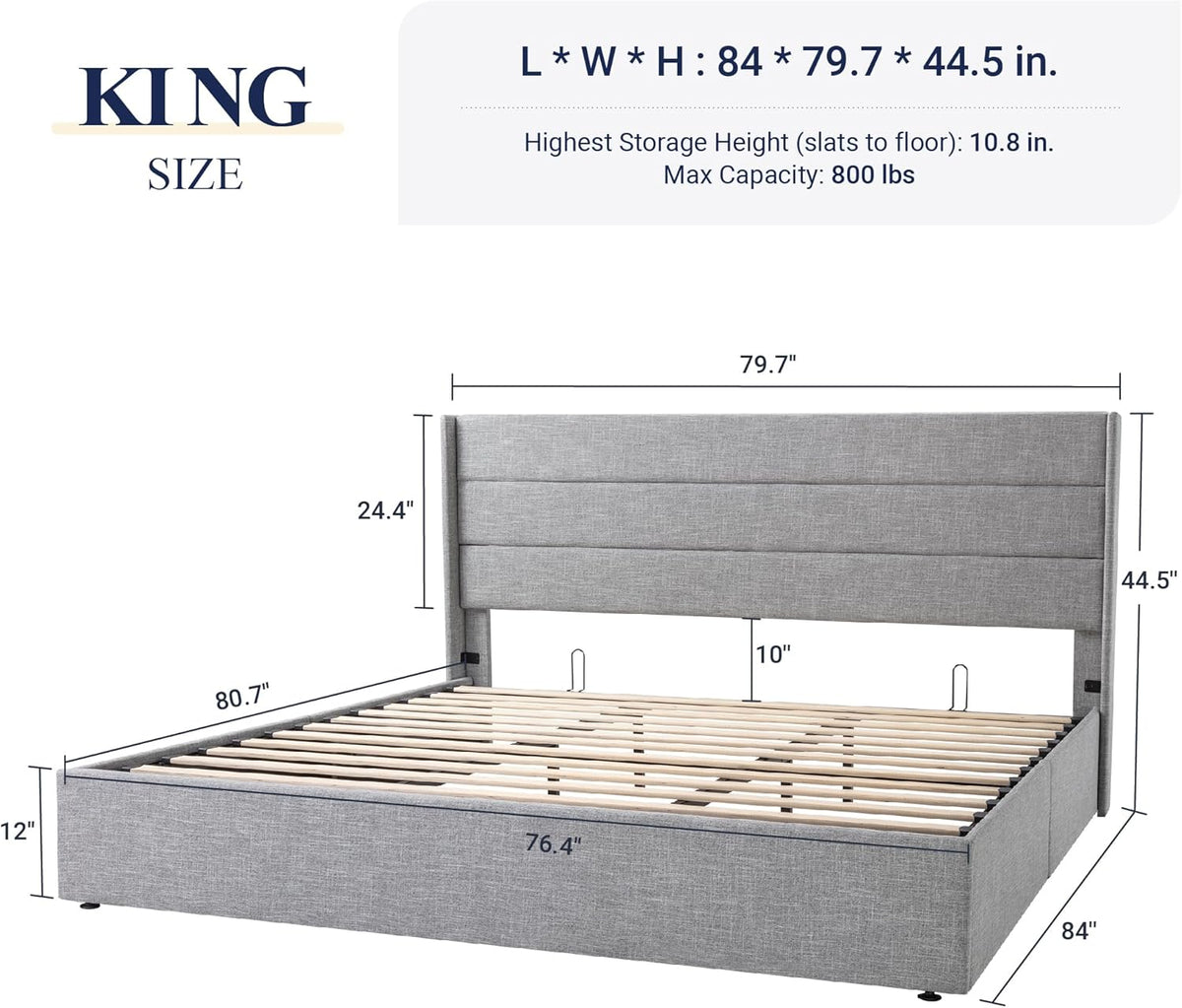 Queen Size Lift-Up Storage Bed With Wingback Headboard, Upholstered Platform Bed Frame With Hidden Storage
