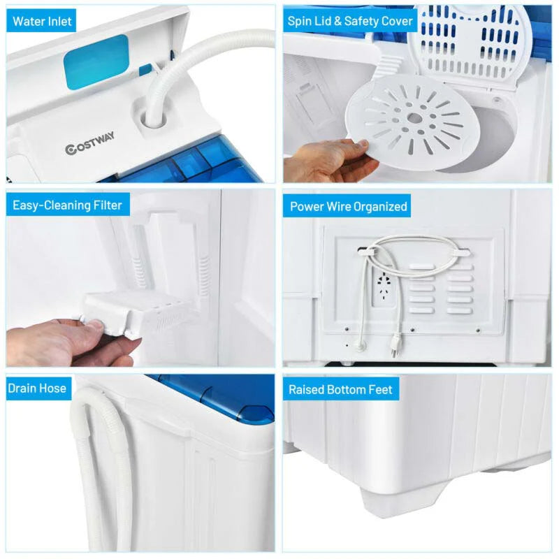 Portable Twin Tub Washer Dryer Combo With Drain Pump, 26 LBS - Blue/Gray