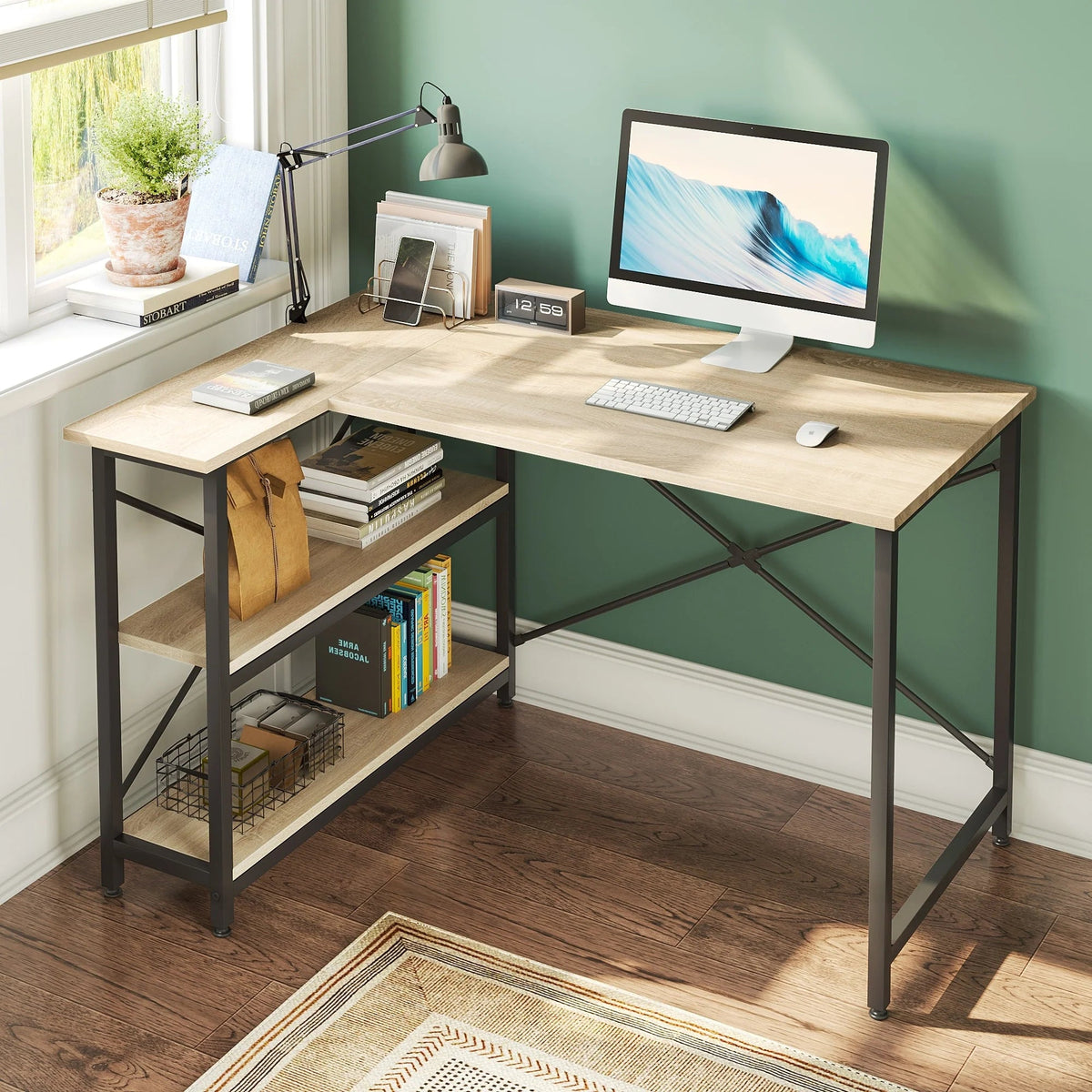 Small L-Shaped Computer Desk With Reversible Storage Shelves - 55-Inch / 47-Inch