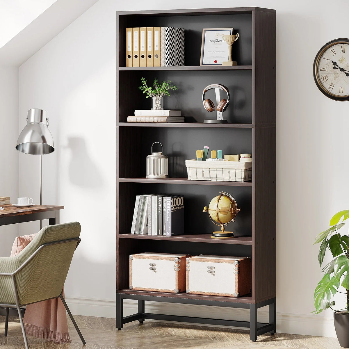 5-Tier Bookcase 31.5 Inch Wide x 11.81 Inch Deep x 70.87 Inch Tall - Sandalwood, Walnut, White, Black