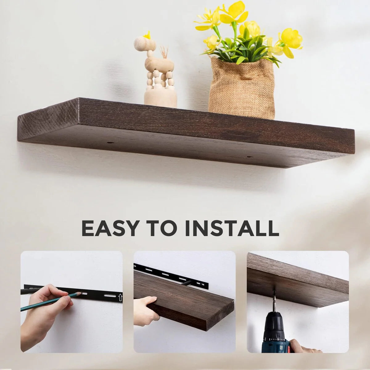 Set Of 2 Handcrafted European Pine Floating Wall Shelves, 16inch/24inch/36inch, Grey/Espresso/Walnut