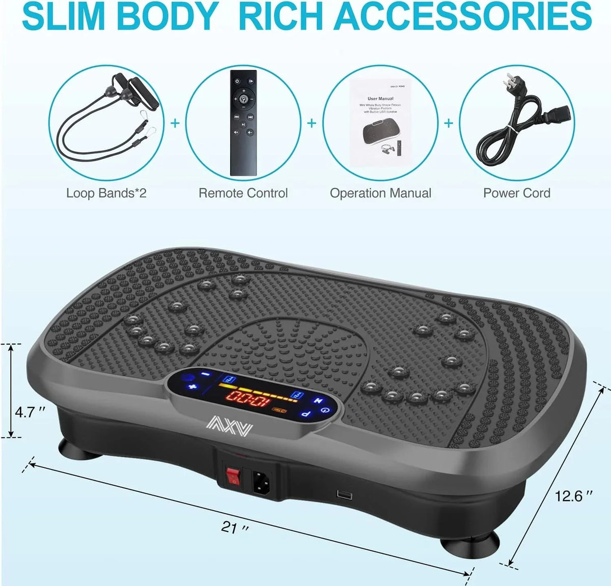AXV Vibration Plate Fitness Platform, Gray, 2 Resistance Bands - Slim-Gray
