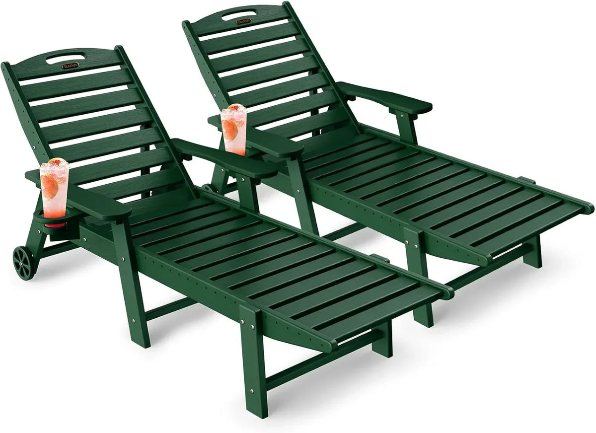 SUUNYN HDPE 6-Position Outdoor Chaise Lounge Chair With Wheels And Cup Holder - Teak