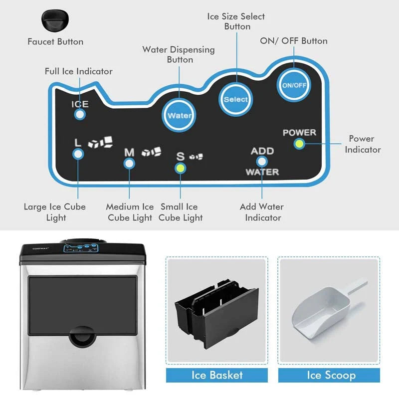 48 Lbs/24H 2-in-1 Stainless Steel Countertop Ice Maker With Chilled Water Dispenser And 5 Lbs Ice Storage Basket