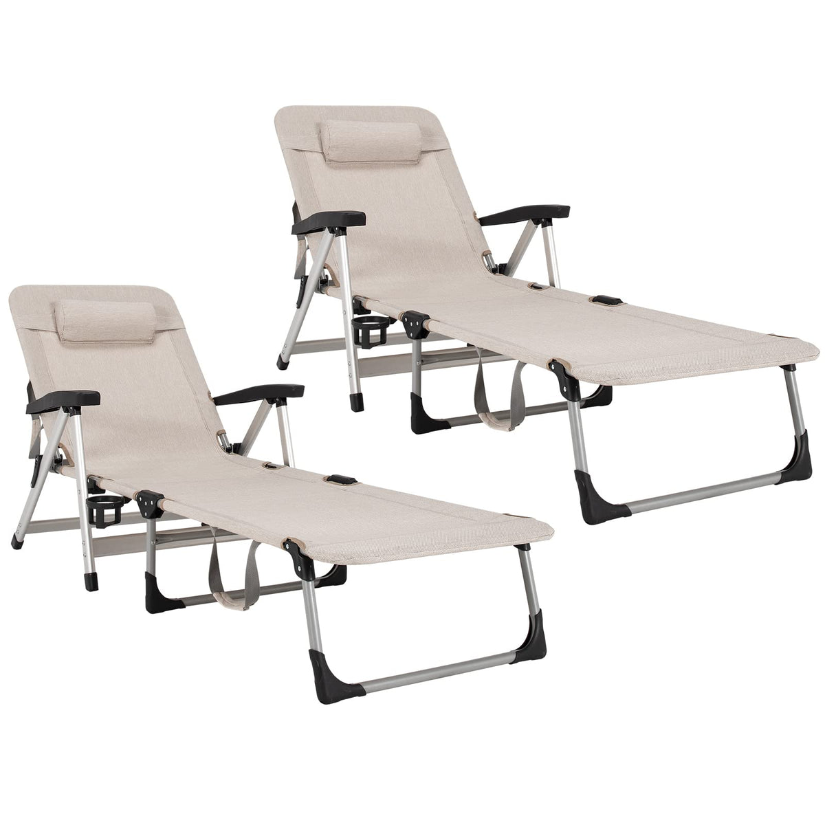 Folding Outdoor Chaise Lounge Chair With Cup Holder, Detachable Headrest, 330 lbs. Capacity - 53-75 in