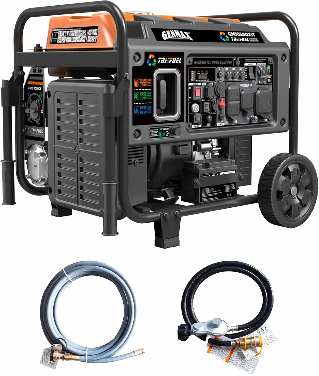 GENMAX Tri-Fuel Open Frame Inverter Generator, 10500 Peak Watt, 50A, ATS - GM10500XiT
