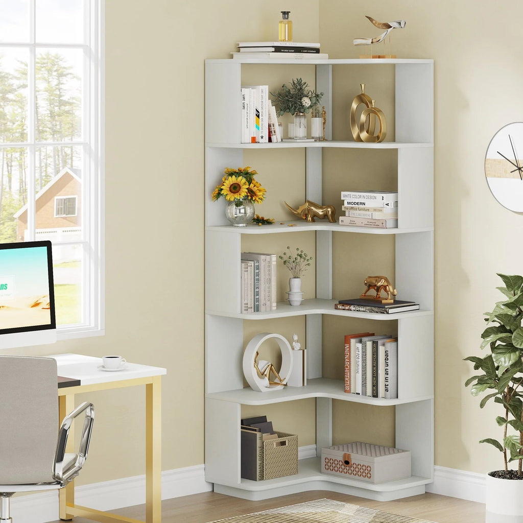6-Tier Corner Bookshelf, 64.9 Inch Tall, Freestanding Wood Industrial Bookcase