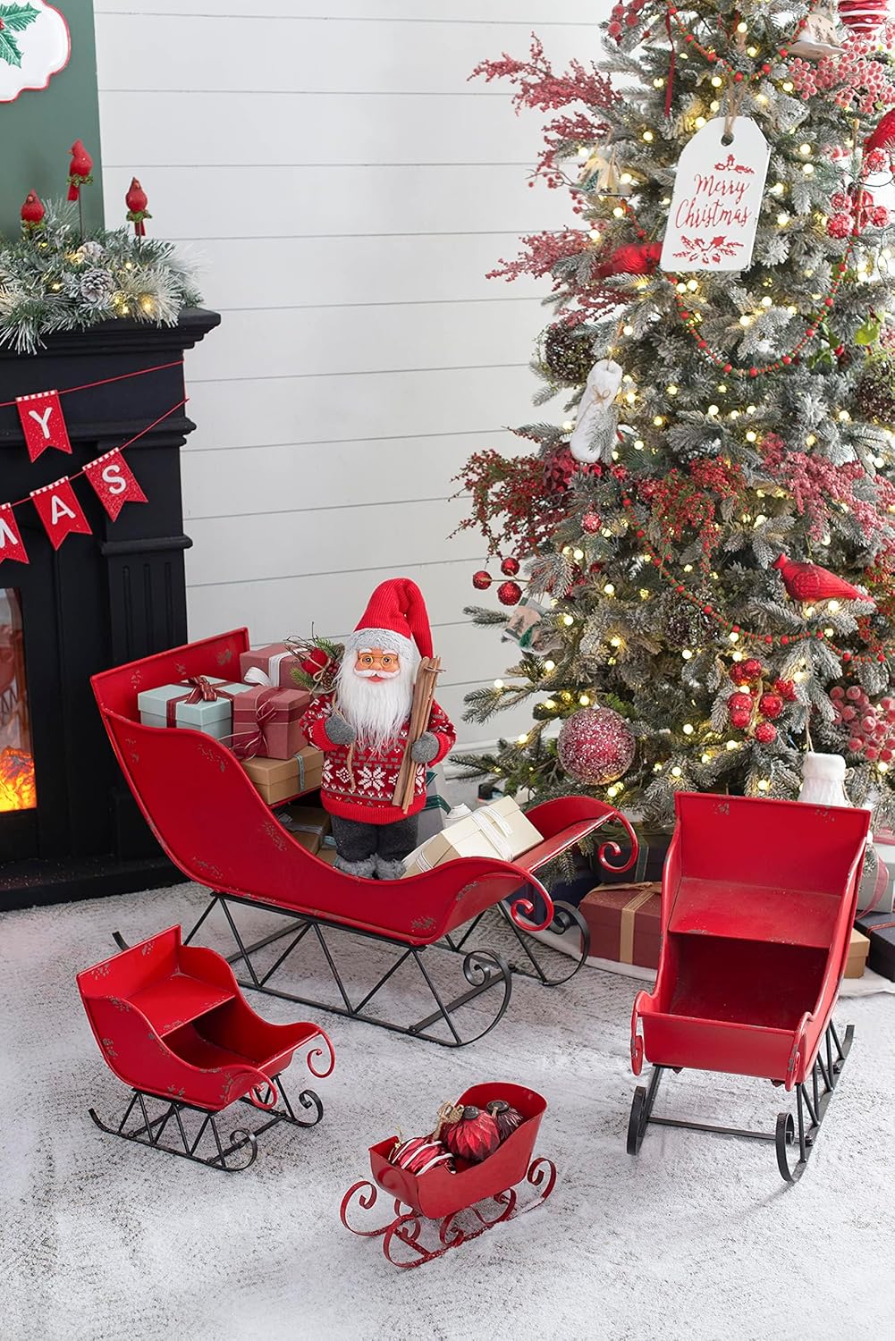 Christmas Sleigh Outdoor Decoration, Large Red Iron, 39 in - Sleigh-L